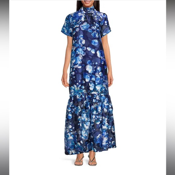 Sugarlips Abay Floral Dime Organza Mock Neck Bow Back Short Sleeve Maxi Dress - Picture 1 of 5